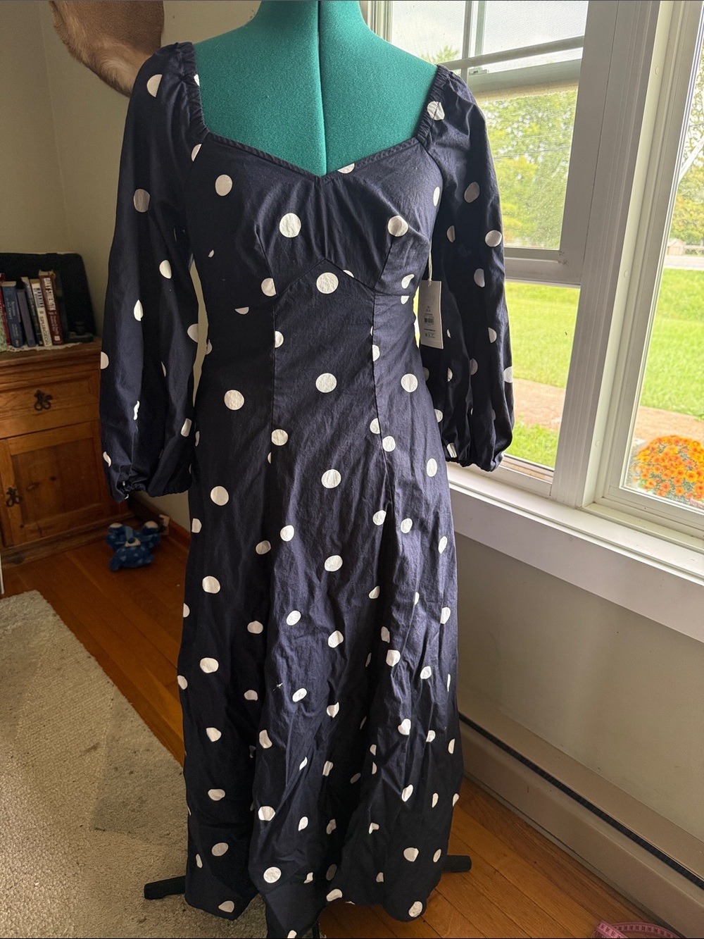 Polka Dot Navy Midi Dress with Puff Sleeves